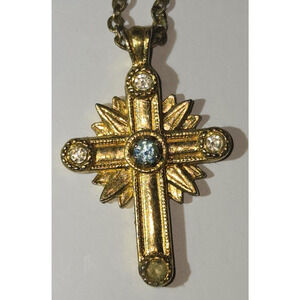 Avon Gold Tone Necklace Sunburst Cross Blue & Crystal Rhinestone Signed